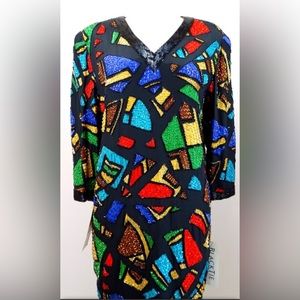 Oleg Cassini Black Tie Geometric Rainbow Block Dress 80’s /90’s Vintage Silk